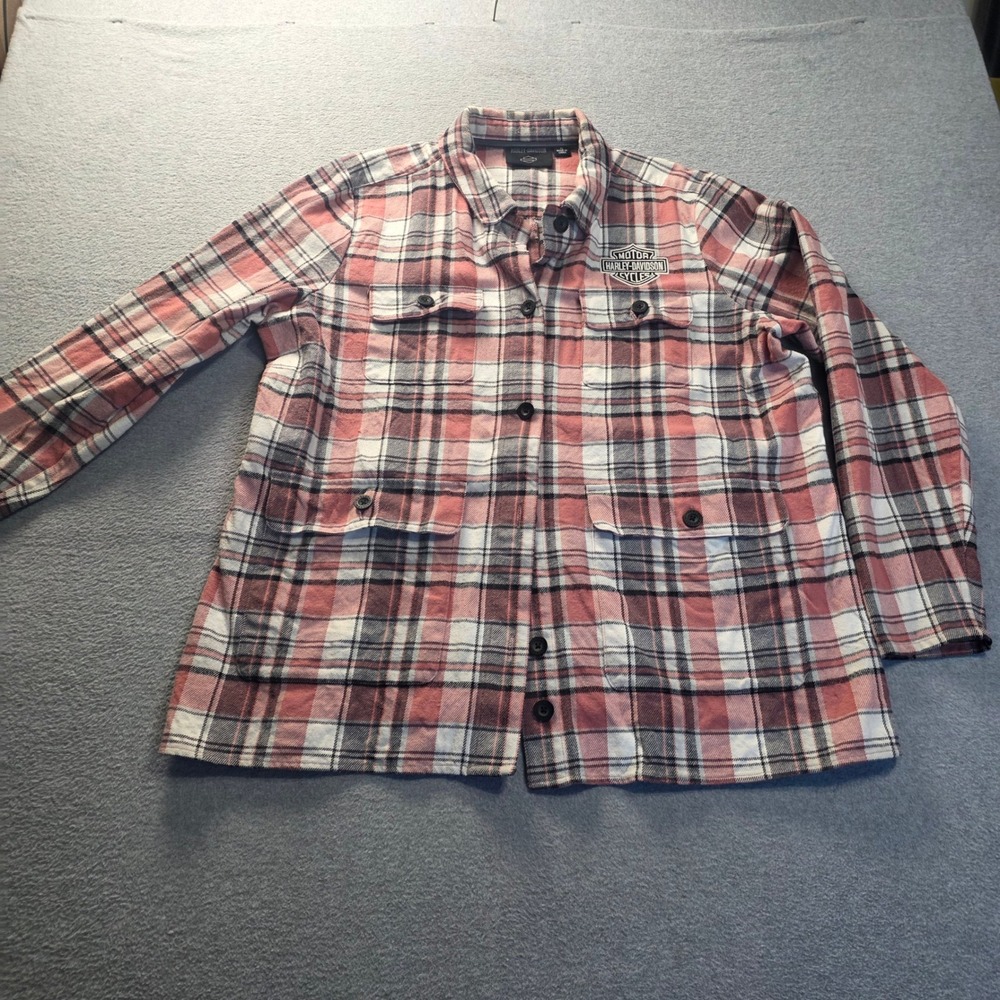 Harley-Davidson Flannel Shirt Jacket Womens XL Pink Black Plaid Shacket Logo